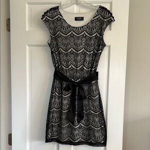 GUESS Black Lace Overlay Mini Dress with Satin Waist Tie Size 4